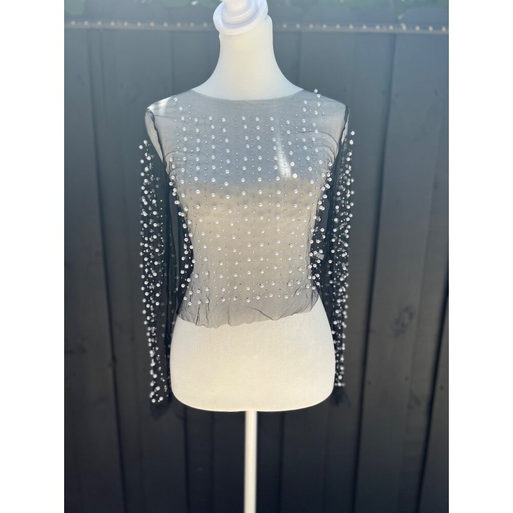NWT see-through pearl rhinestone long sleeve mesh blouse black SMALL